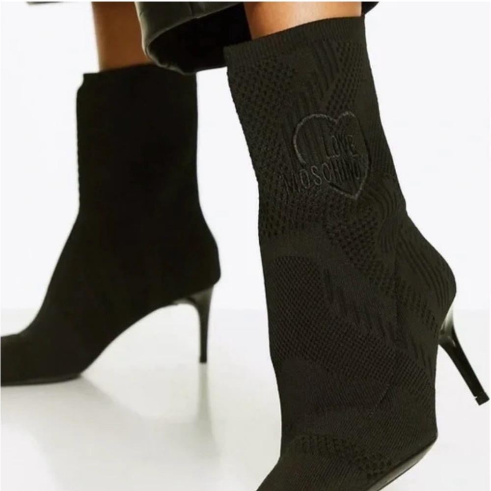 Love Moschino high heeled logo sock boots in black